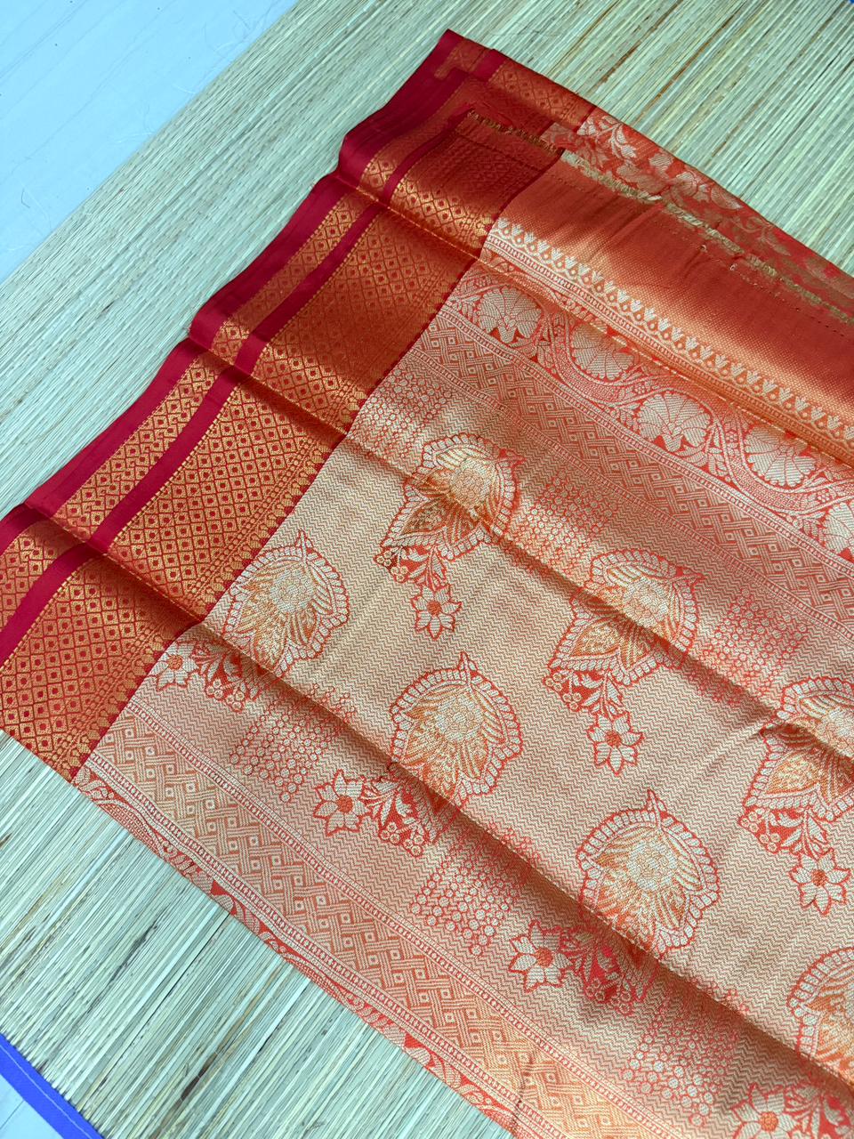 Red & Peach Floral Zari Saree with Diamond Border