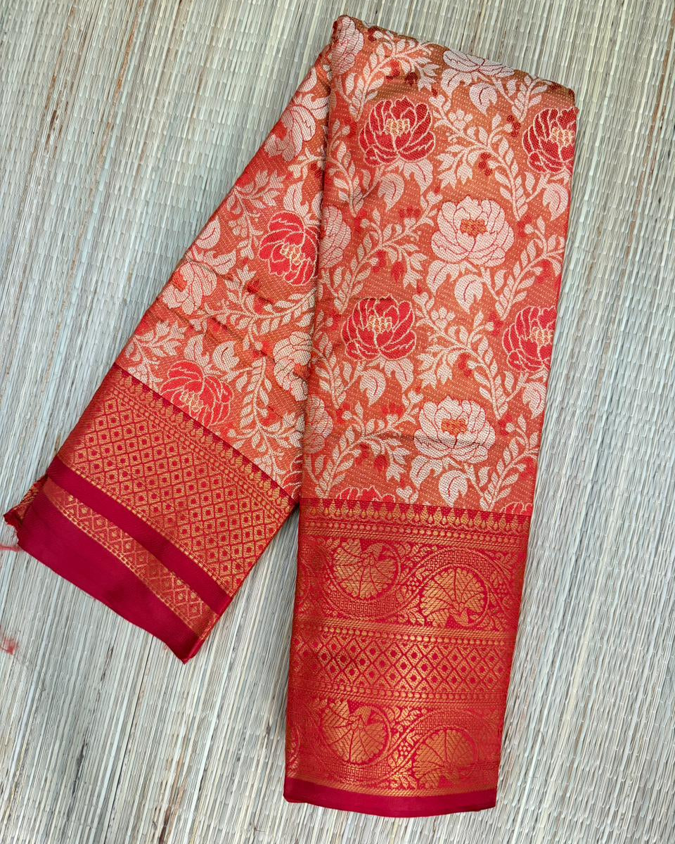 Red & Peach Floral Zari Saree with Diamond Border