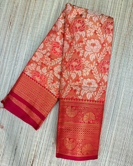 Red & Peach Floral Zari Saree with Diamond Border