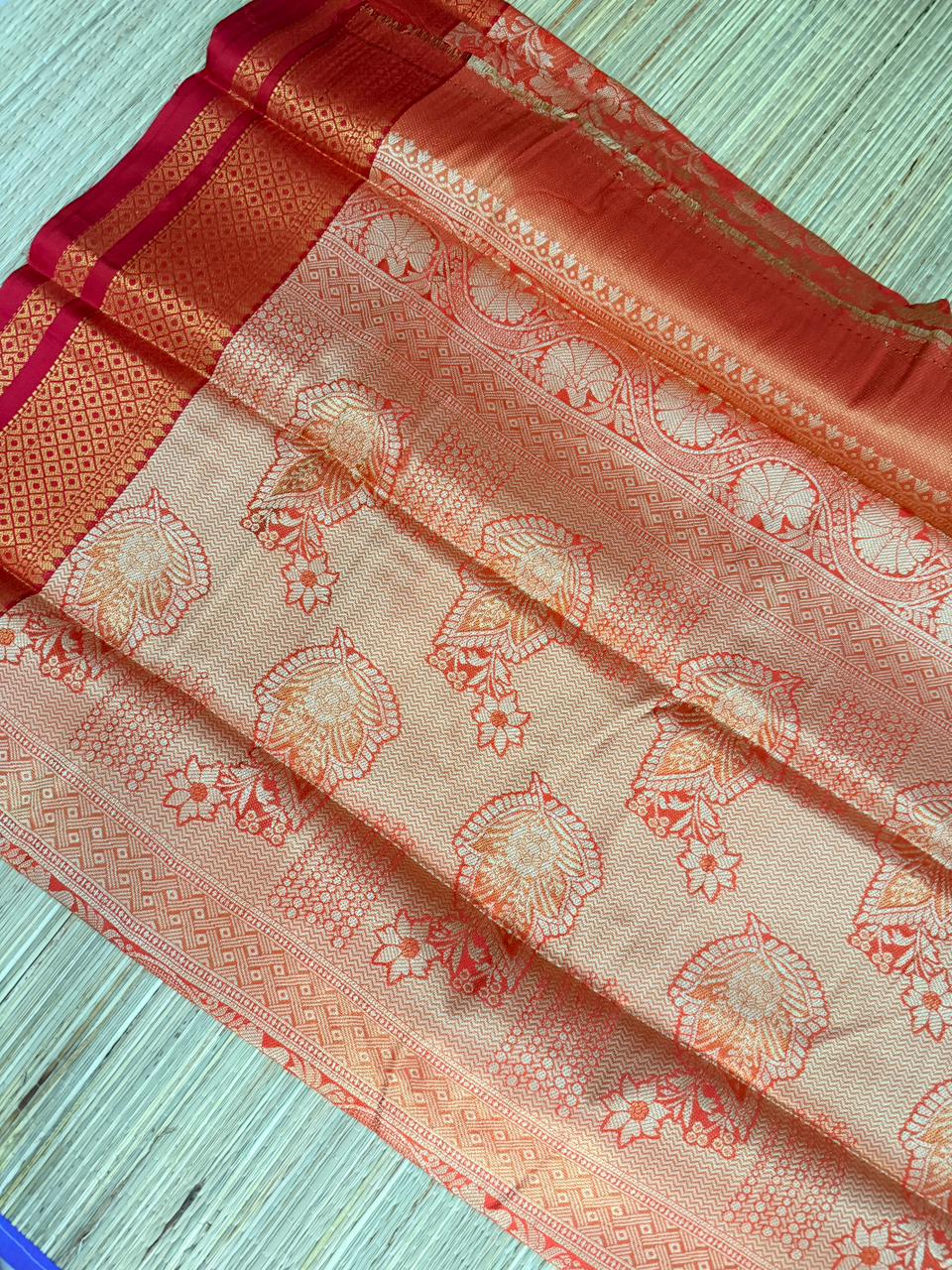 Red & Peach Floral Zari Saree with Diamond Border