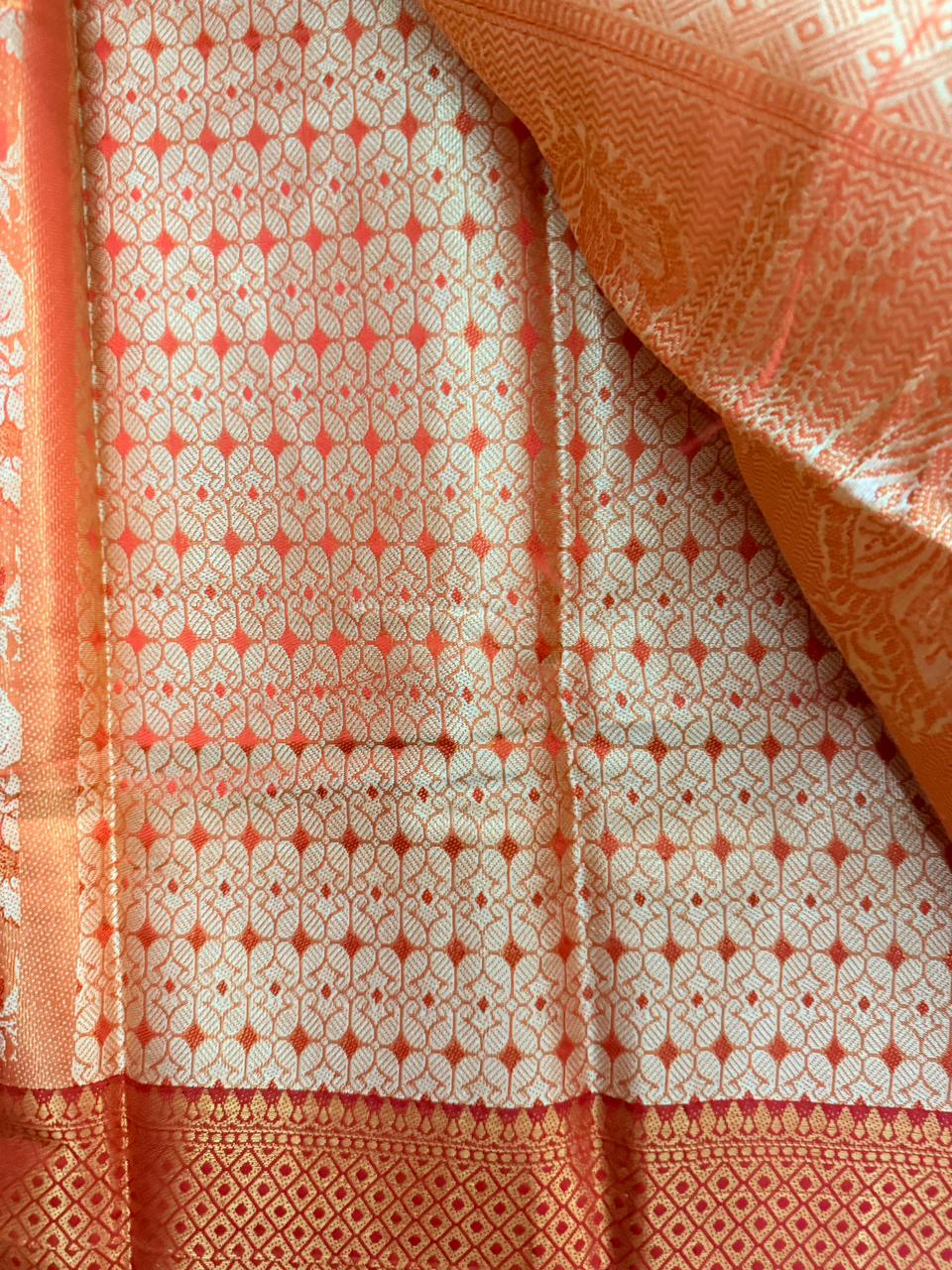 Red & Peach Floral Zari Saree with Diamond Border