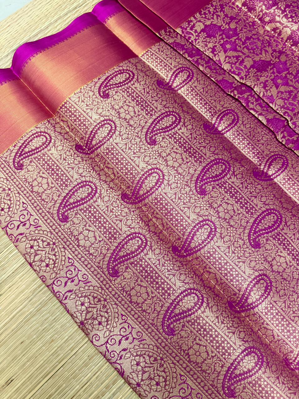 Purple One Gram Replica Saree with Floral Jaal & Paisley Border