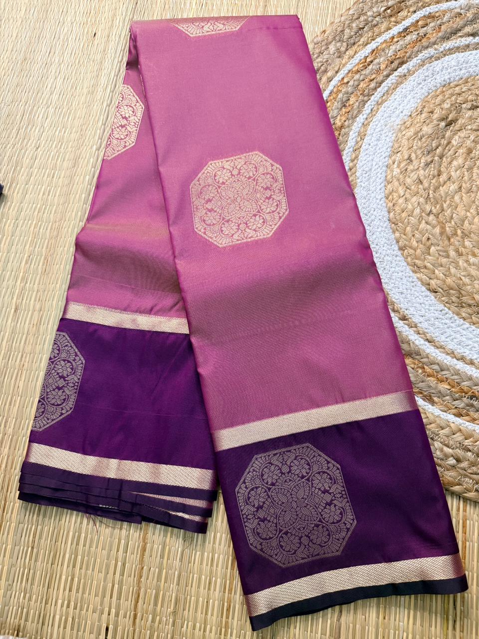 Pink & Purple Semi Silk Saree with Octagon Butta & Rose Gold Zari Border