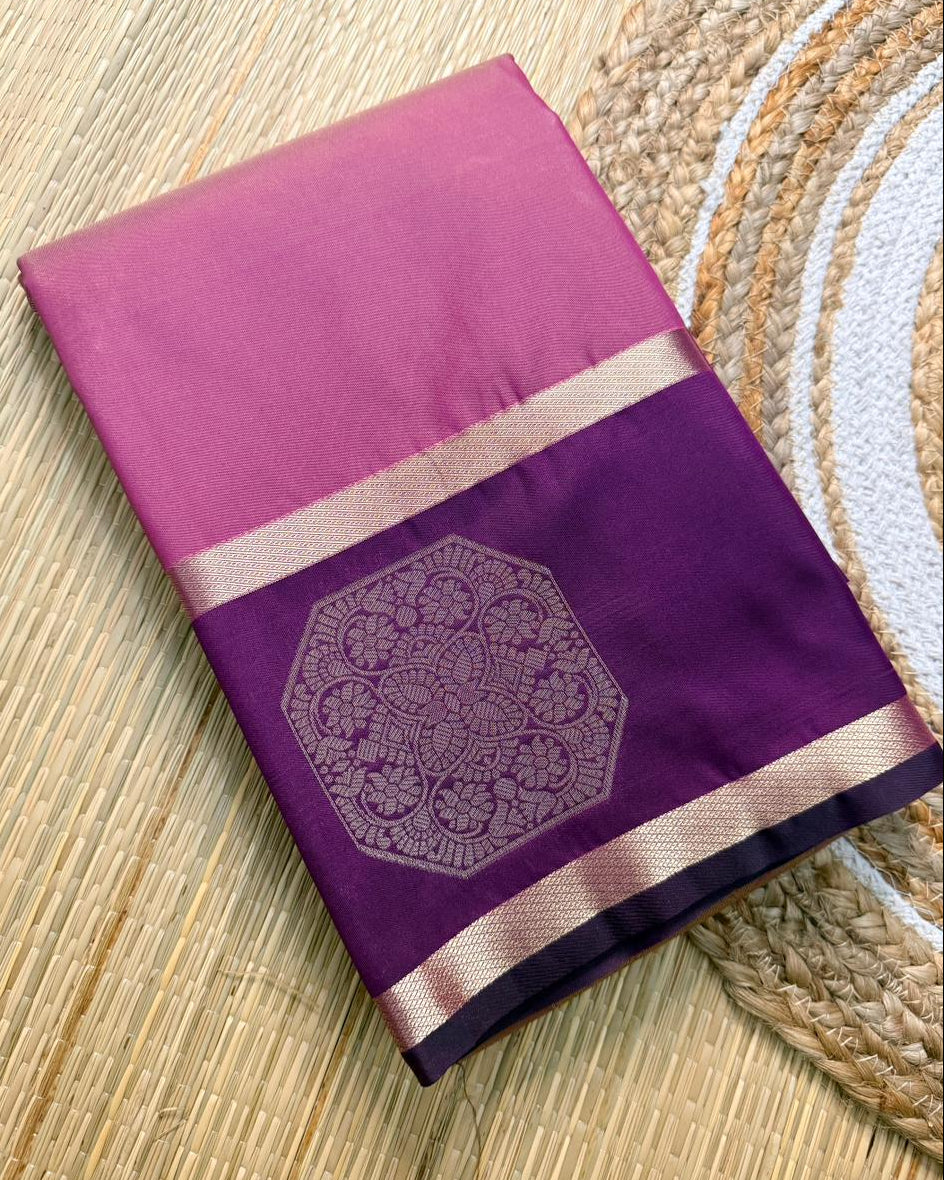 Pink & Purple Semi Silk Saree with Octagon Butta & Rose Gold Zari Border