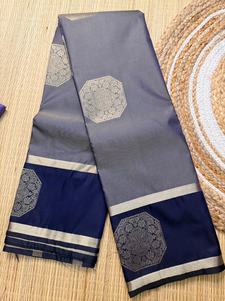 Grey & Navy Blue Semi Silk Saree with Octagon Butta & Silver Zari Border