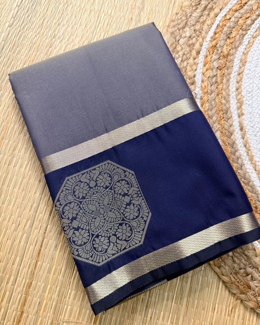 Grey & Navy Blue Semi Silk Saree with Octagon Butta & Silver Zari Border