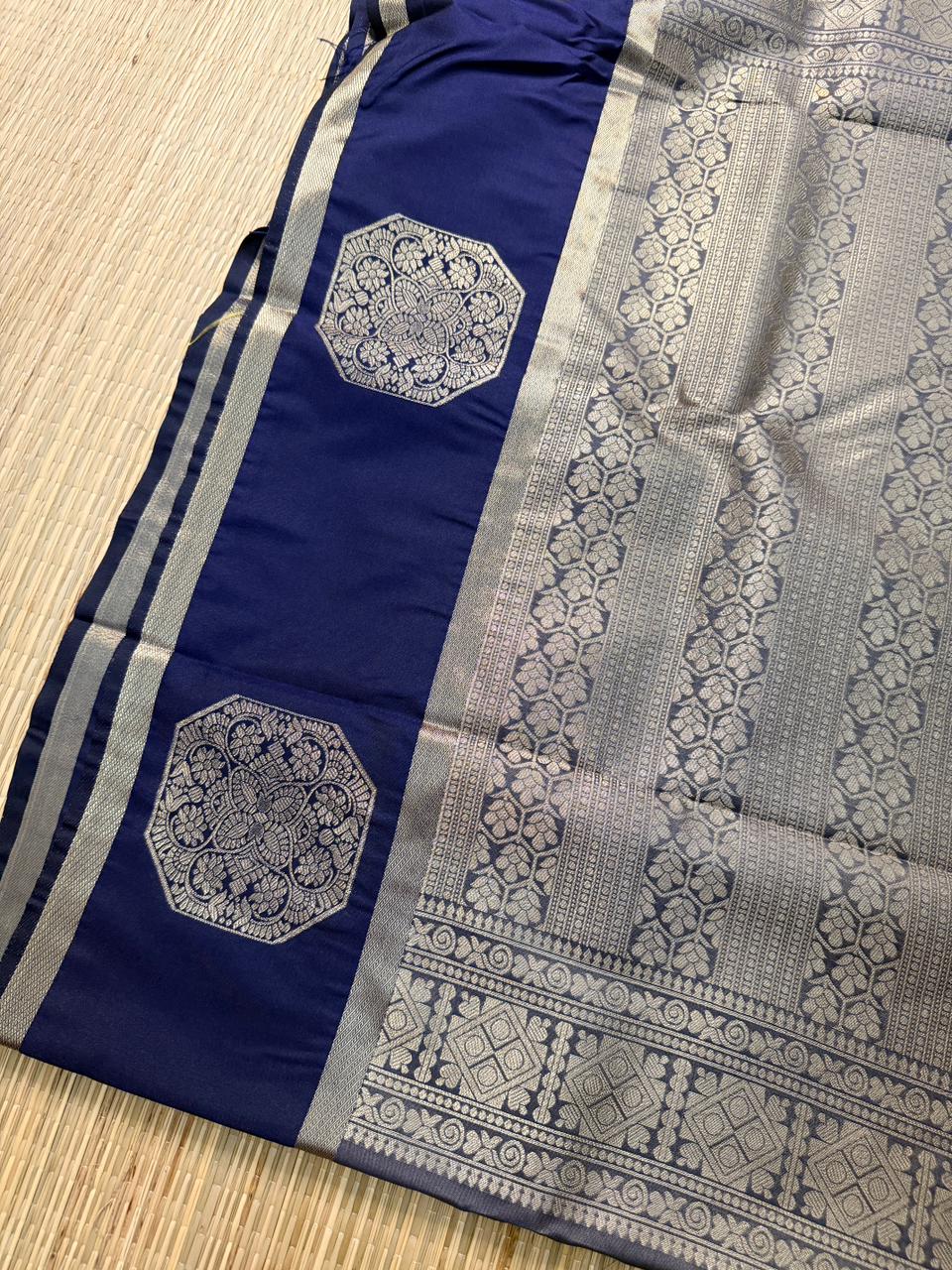 Grey & Navy Blue Semi Silk Saree with Octagon Butta & Silver Zari Border