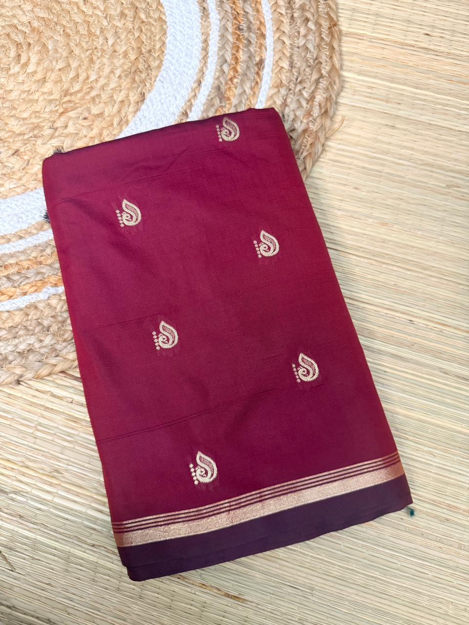 Reddish Maroon Soft Silk Saree with Paisley Butta & Black Antique Zari Pallu