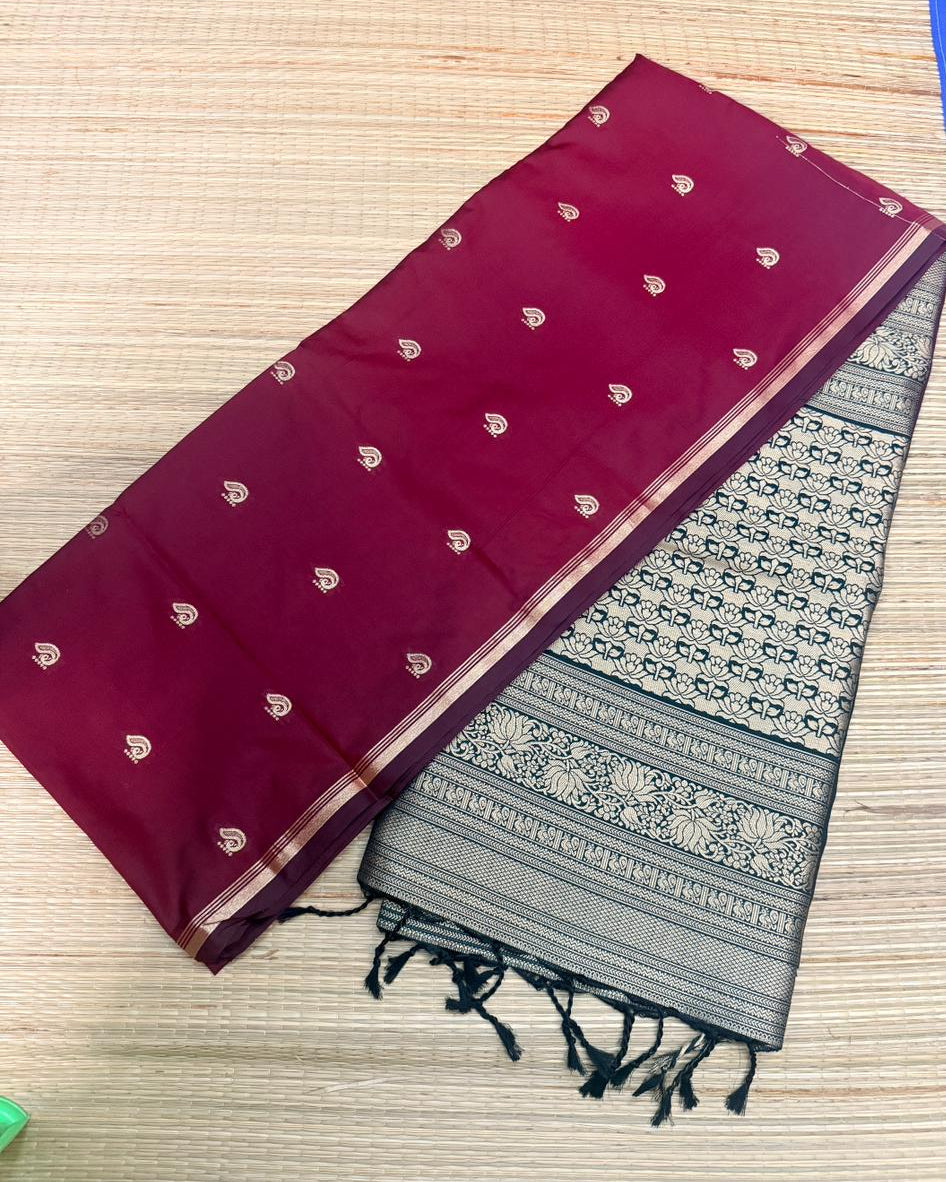 Reddish Maroon Soft Silk Saree with Paisley Butta & Black Antique Zari Pallu