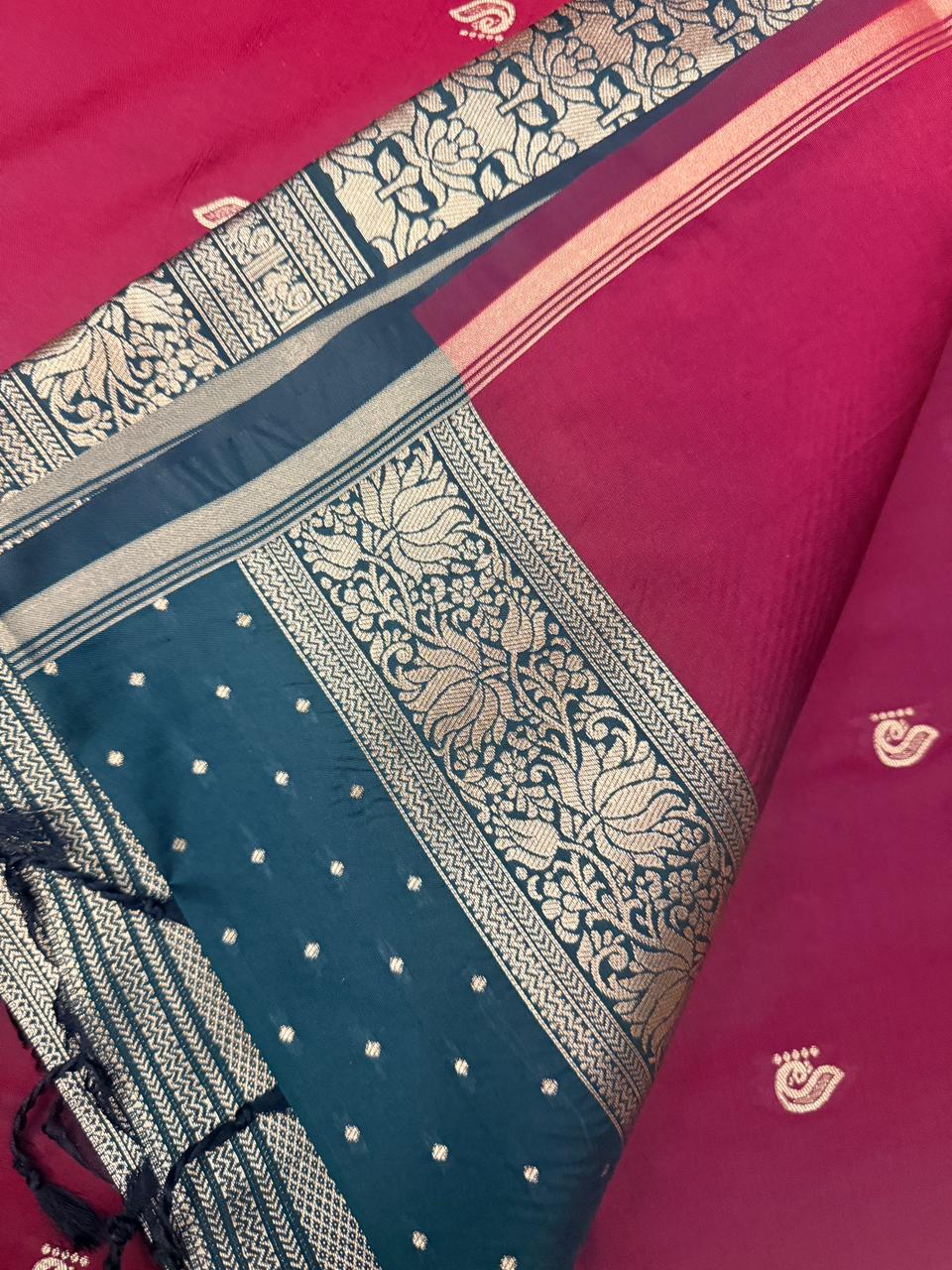Reddish Maroon Soft Silk Saree with Paisley Butta & Black Antique Zari Pallu