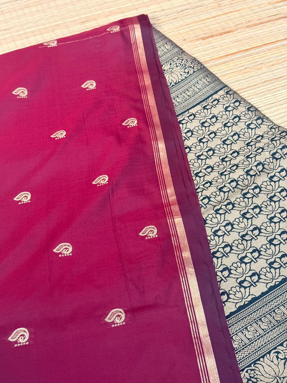 Reddish Maroon Soft Silk Saree with Paisley Butta & Black Antique Zari Pallu