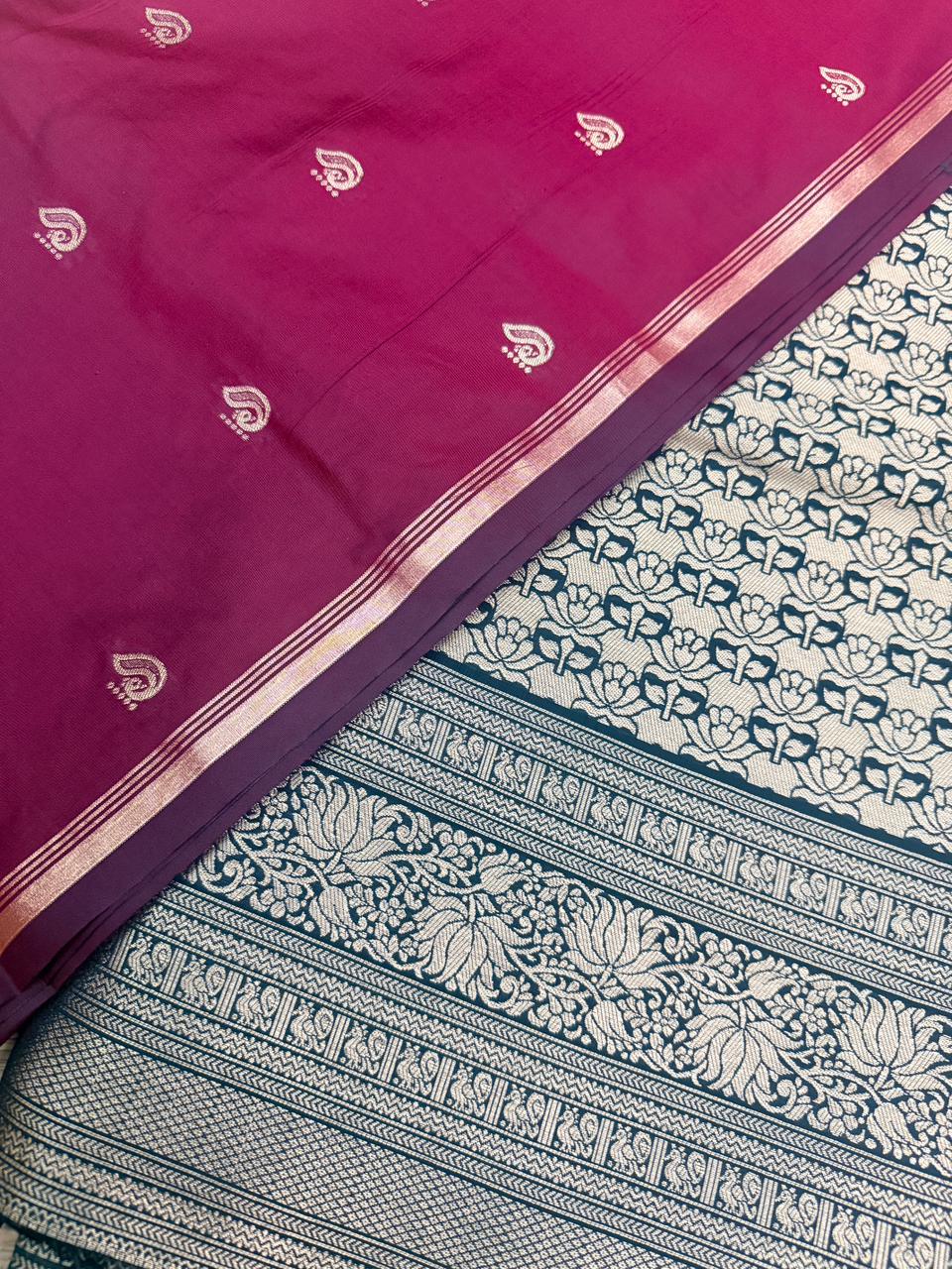 Reddish Maroon Soft Silk Saree with Paisley Butta & Black Antique Zari Pallu