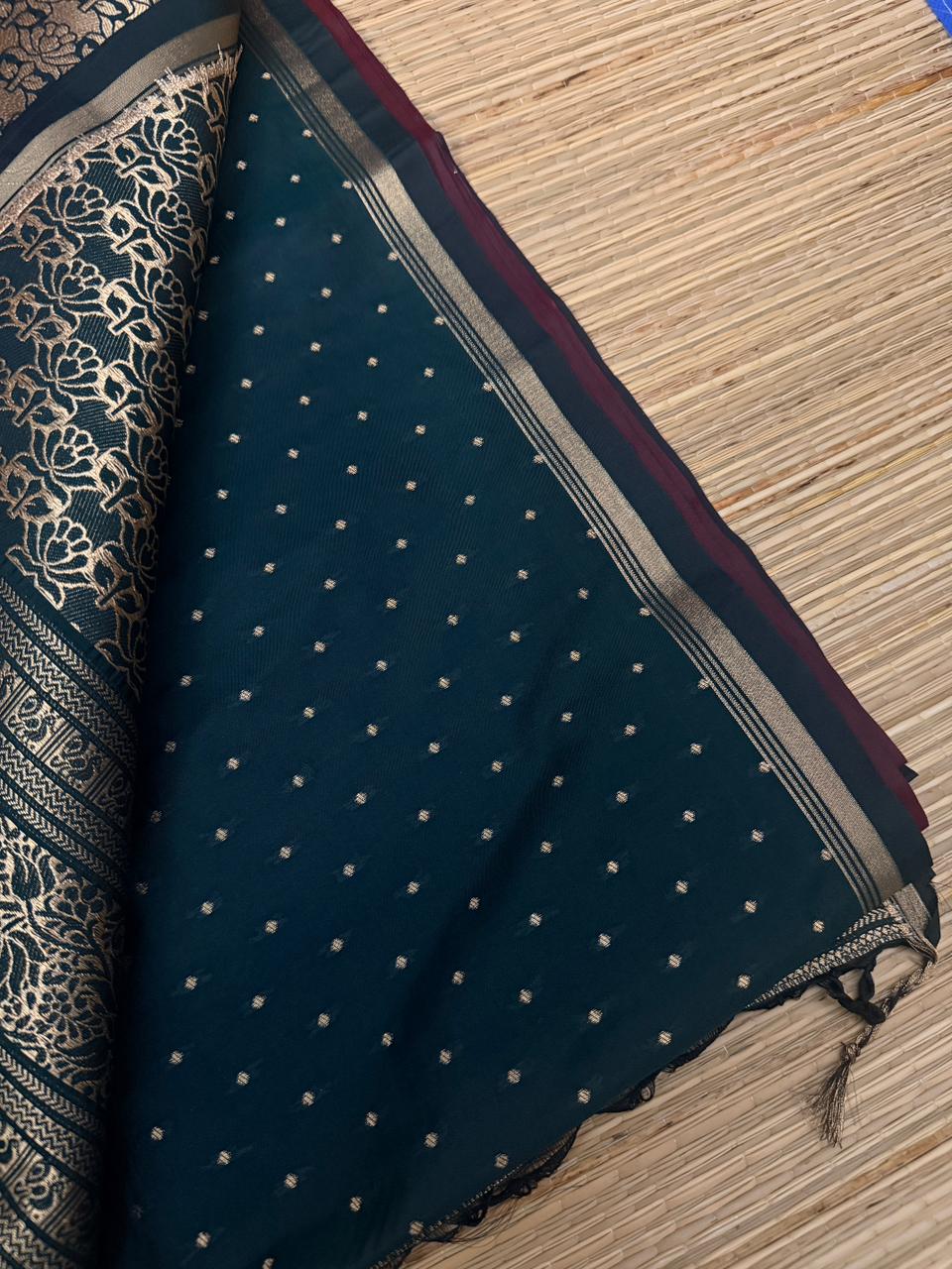 Reddish Maroon Soft Silk Saree with Paisley Butta & Black Antique Zari Pallu