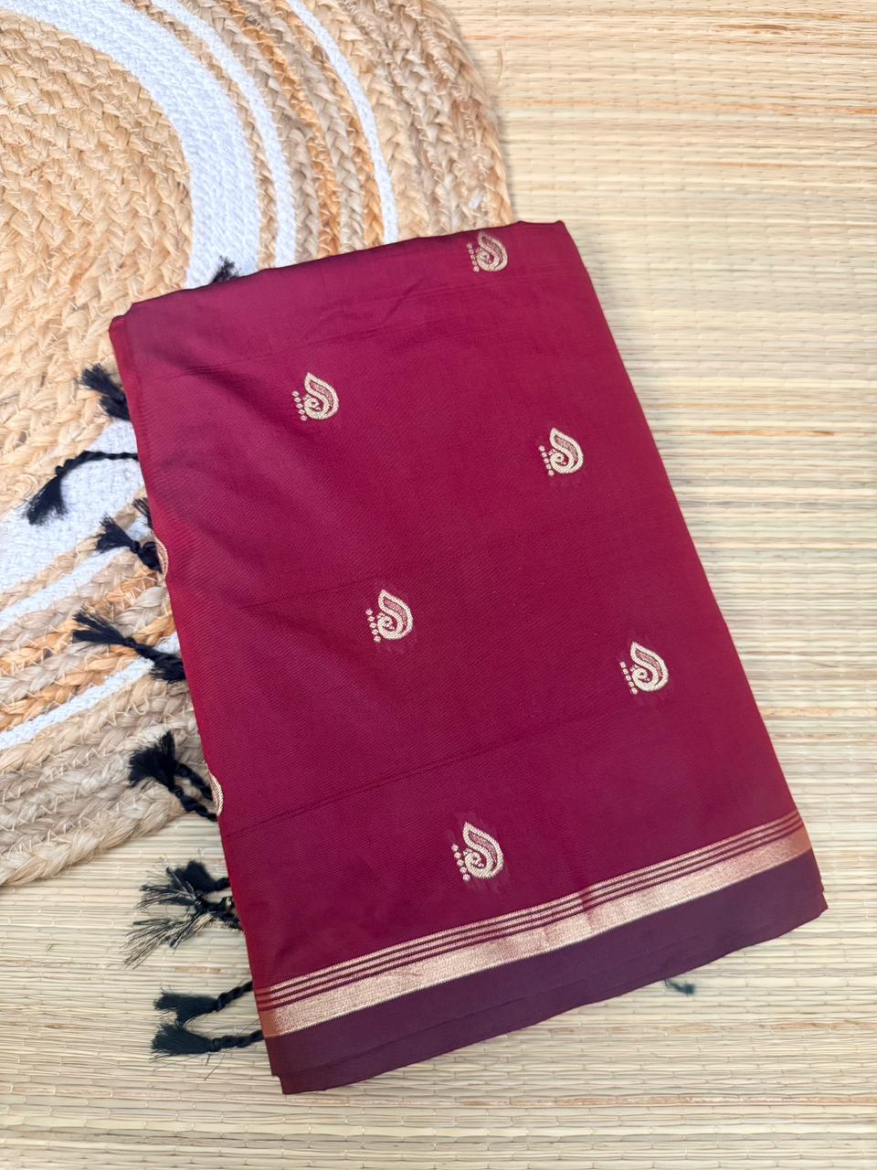 Reddish Maroon Soft Silk Saree with Paisley Butta & Black Antique Zari Pallu