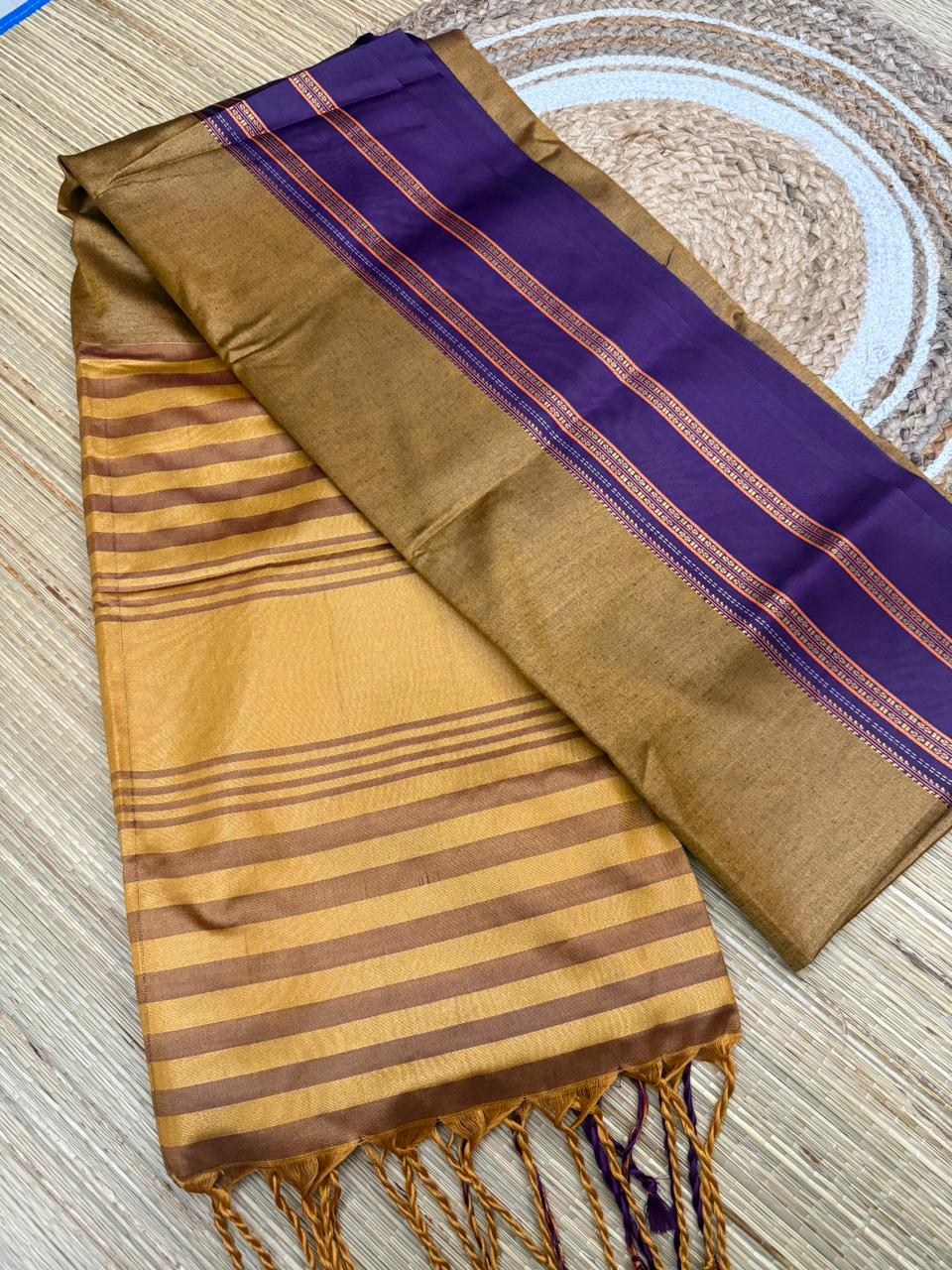 Purple Semi Kanjivaram Silk Saree with Gold Border and Striped Pallu