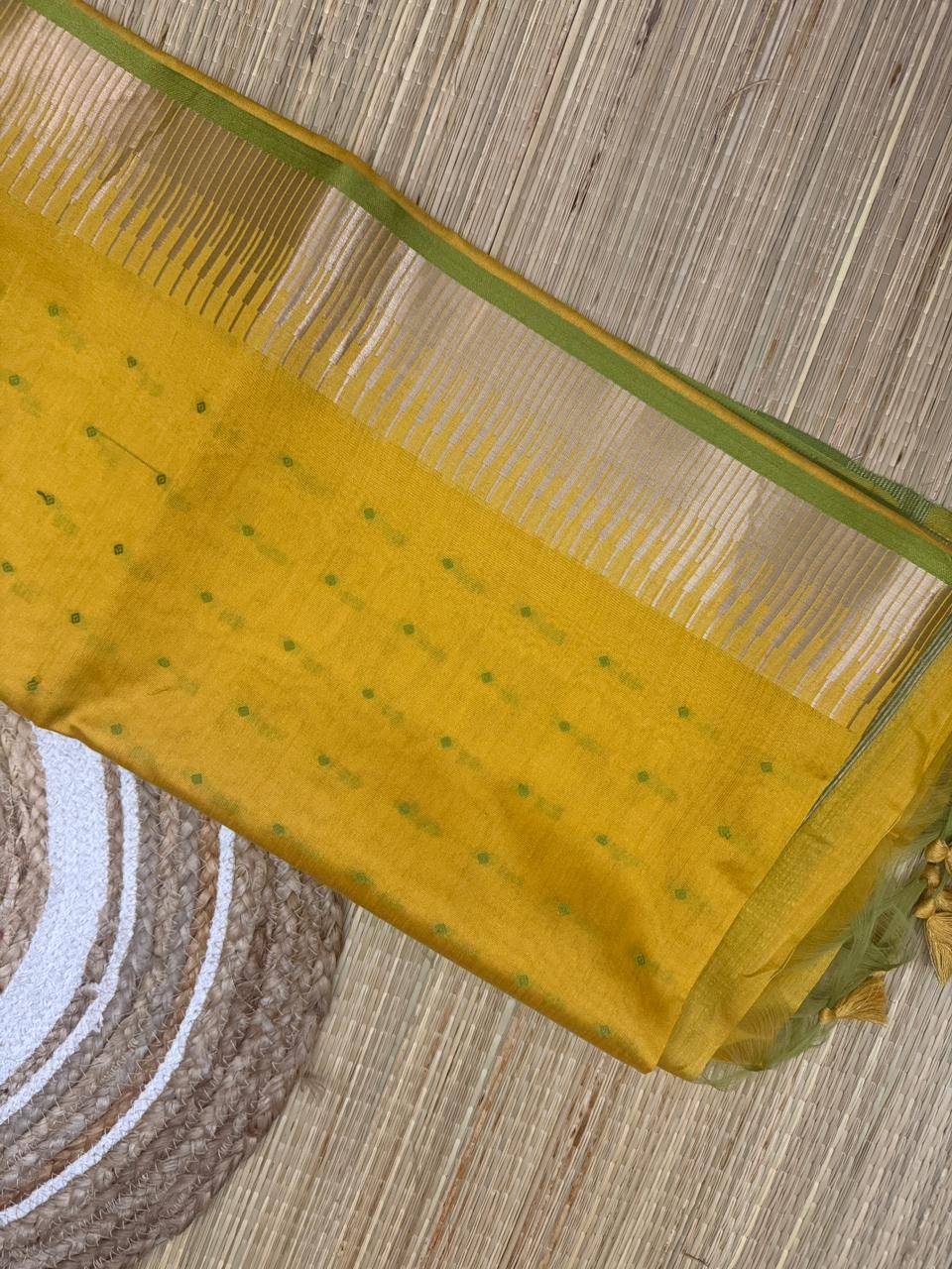 Yellow Mul Cotton Saree with Green Striped Border and Buti Work