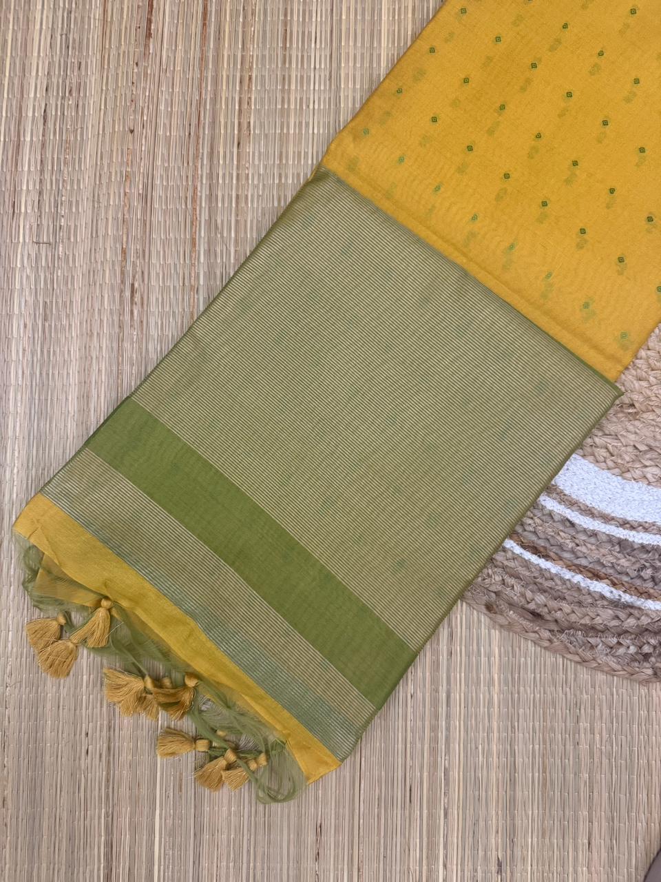 Yellow Mul Cotton Saree with Green Striped Border and Buti Work