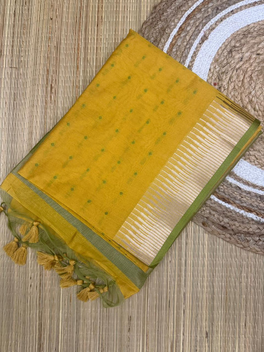 Yellow Mul Cotton Saree with Green Striped Border and Buti Work