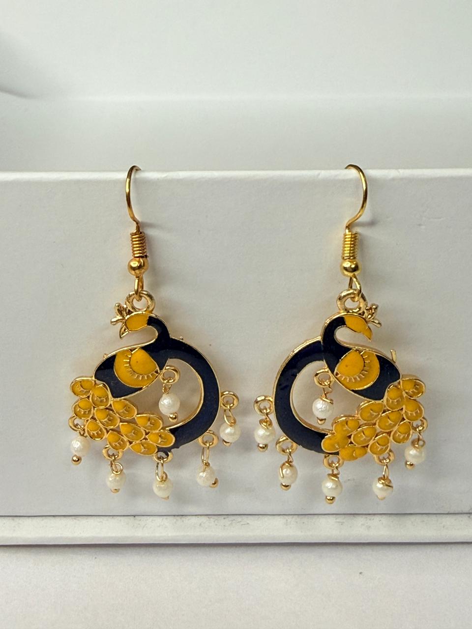 Navy Yellow Peacock Meenakari Earrings with Pearl Drops