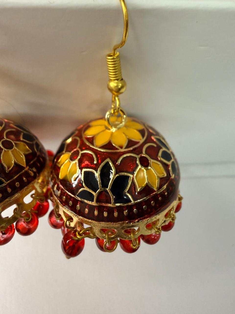Yellow and Red Meenakari Jhumka Earrings with Floral Enamel Work