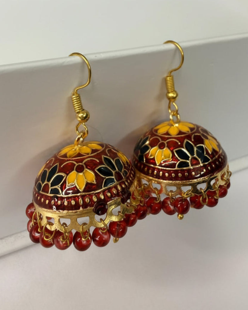 Yellow and Red Meenakari Jhumka Earrings with Floral Enamel Work