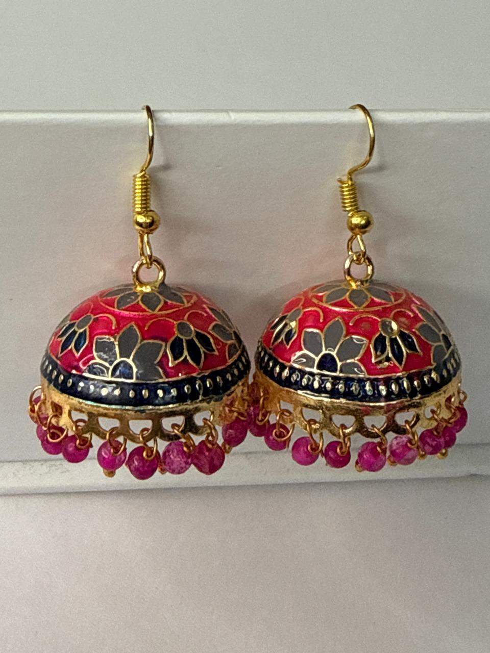 Pink Meenakari Jhumka Earrings with Ruby Beads