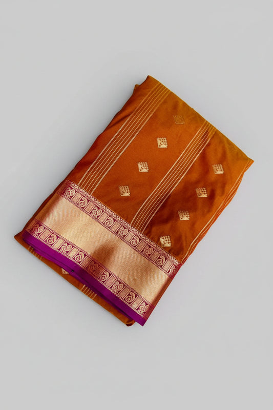 Rust Orange Premium Semi Kanchi Saree with Diamond Buttas & Purple Border