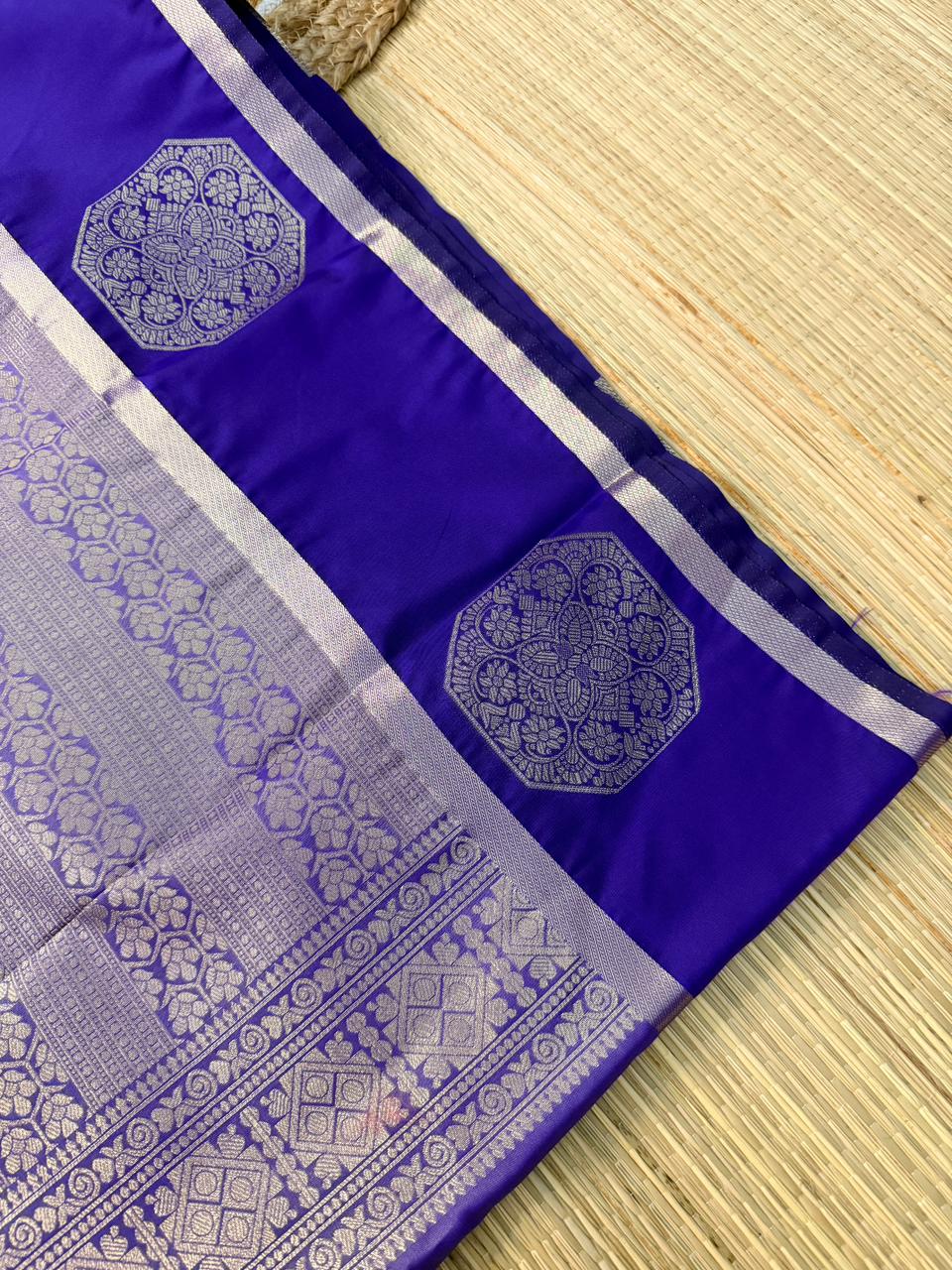 Lavender & Royal Blue Semi Silk Saree with Octagon Butta & Silver Zari Pallu