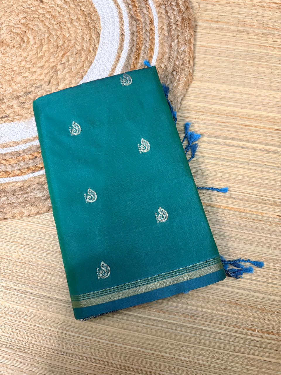 Teal Green Soft Silk Saree with Paisley Butta & Navy Blue Antique Zari Pallu