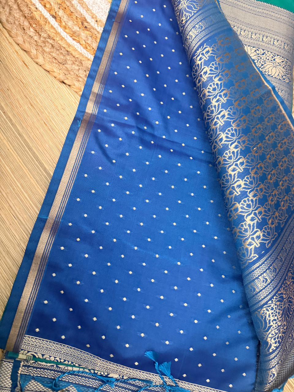 Teal Green Soft Silk Saree with Paisley Butta & Navy Blue Antique Zari Pallu