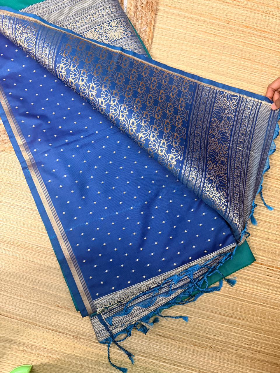 Teal Green Soft Silk Saree with Paisley Butta & Navy Blue Antique Zari Pallu