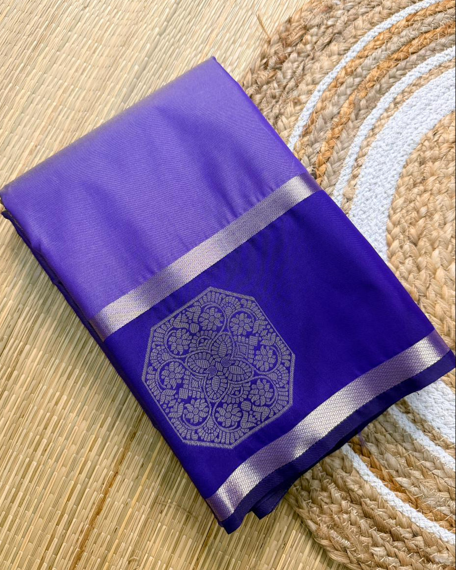 Lavender & Royal Blue Semi Silk Saree with Octagon Butta & Silver Zari Pallu