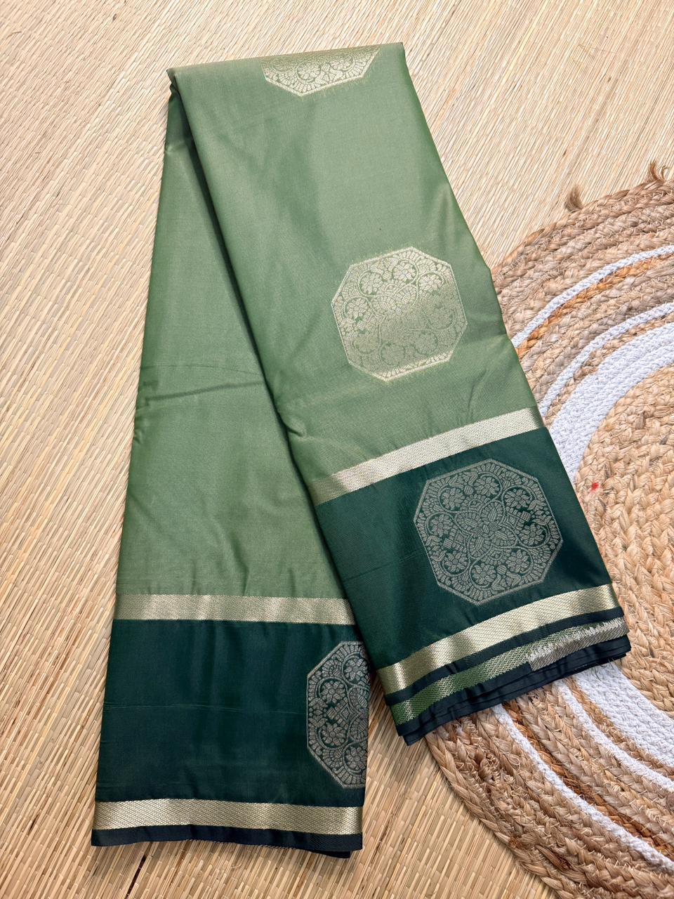 Olive Green Semi Silk Saree with Octagon Butta & Dark Green Zari Border
