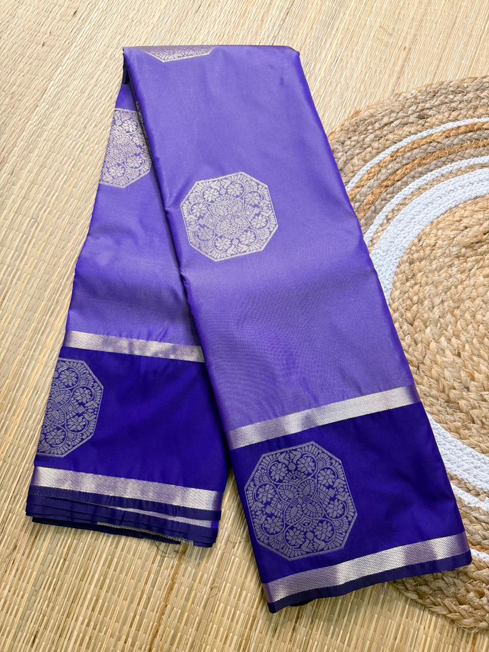 Lavender & Royal Blue Semi Silk Saree with Octagon Butta & Silver Zari Pallu