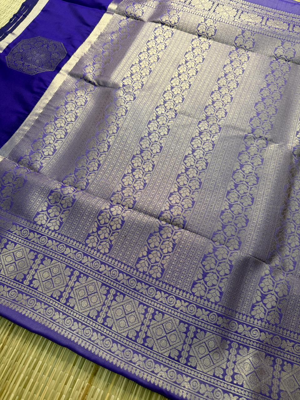 Lavender & Royal Blue Semi Silk Saree with Octagon Butta & Silver Zari Pallu