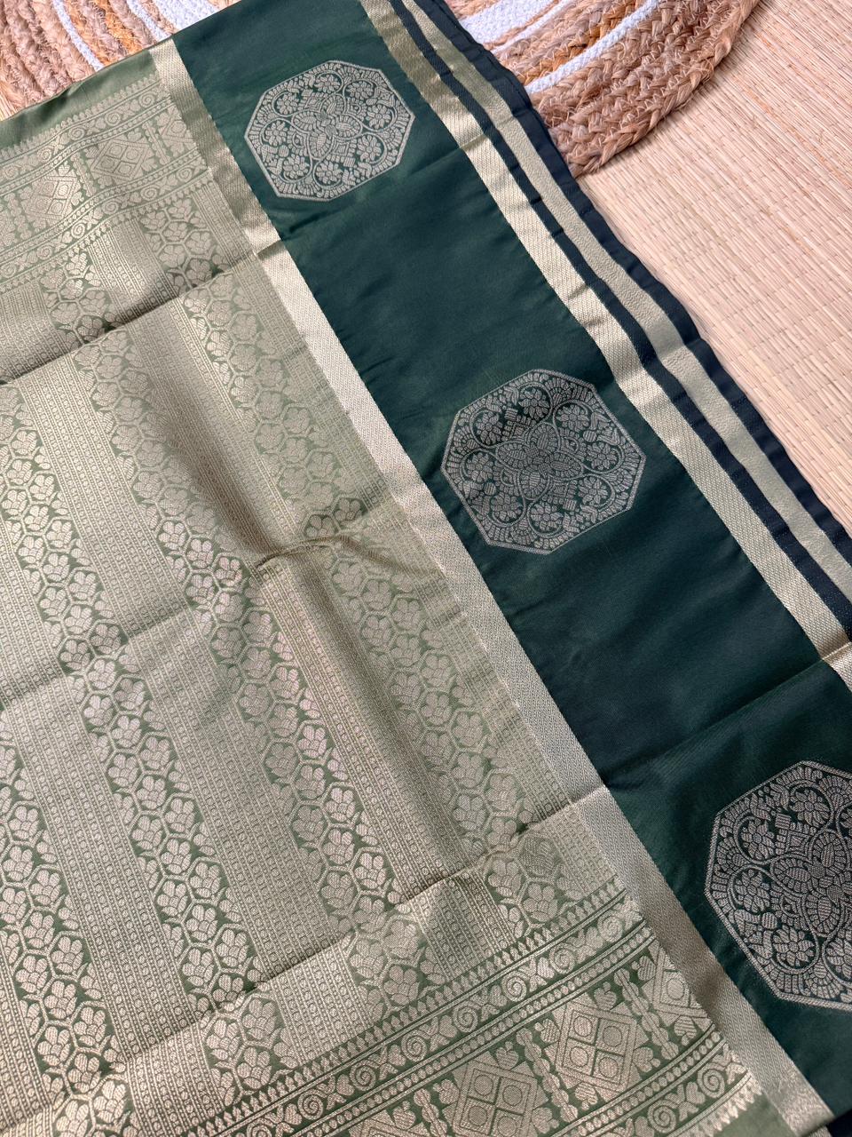Olive Green Semi Silk Saree with Octagon Butta & Dark Green Zari Border