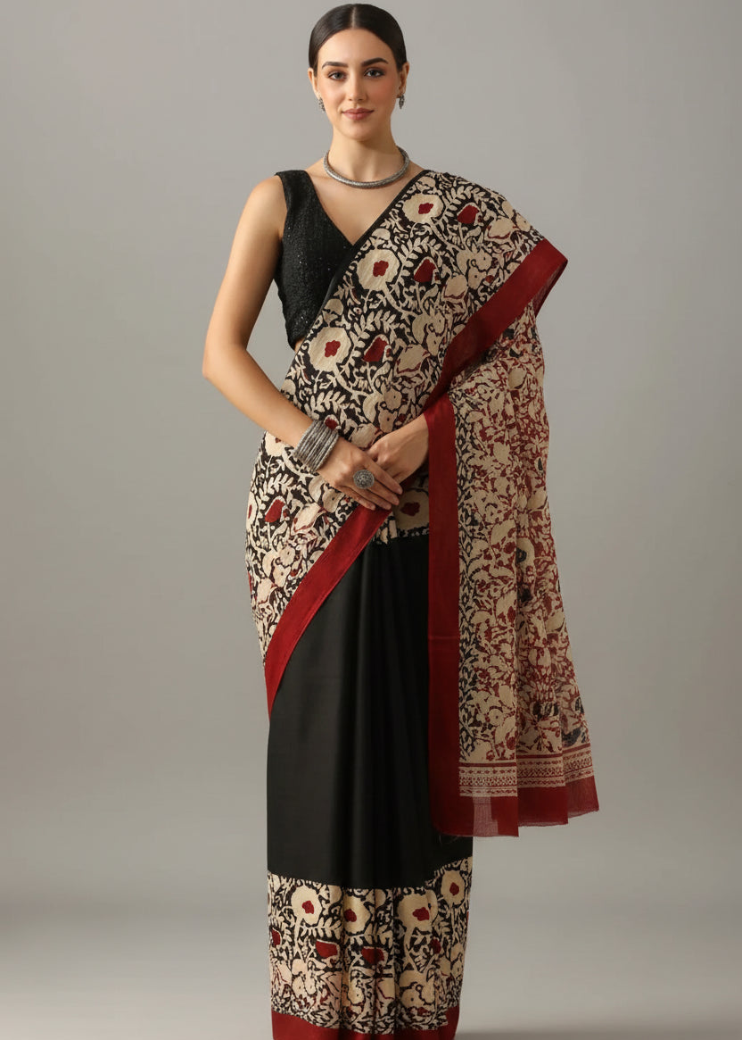 Pure Mul Cotton Hand Block Printed Black Saree with Kalamkari Floral Design