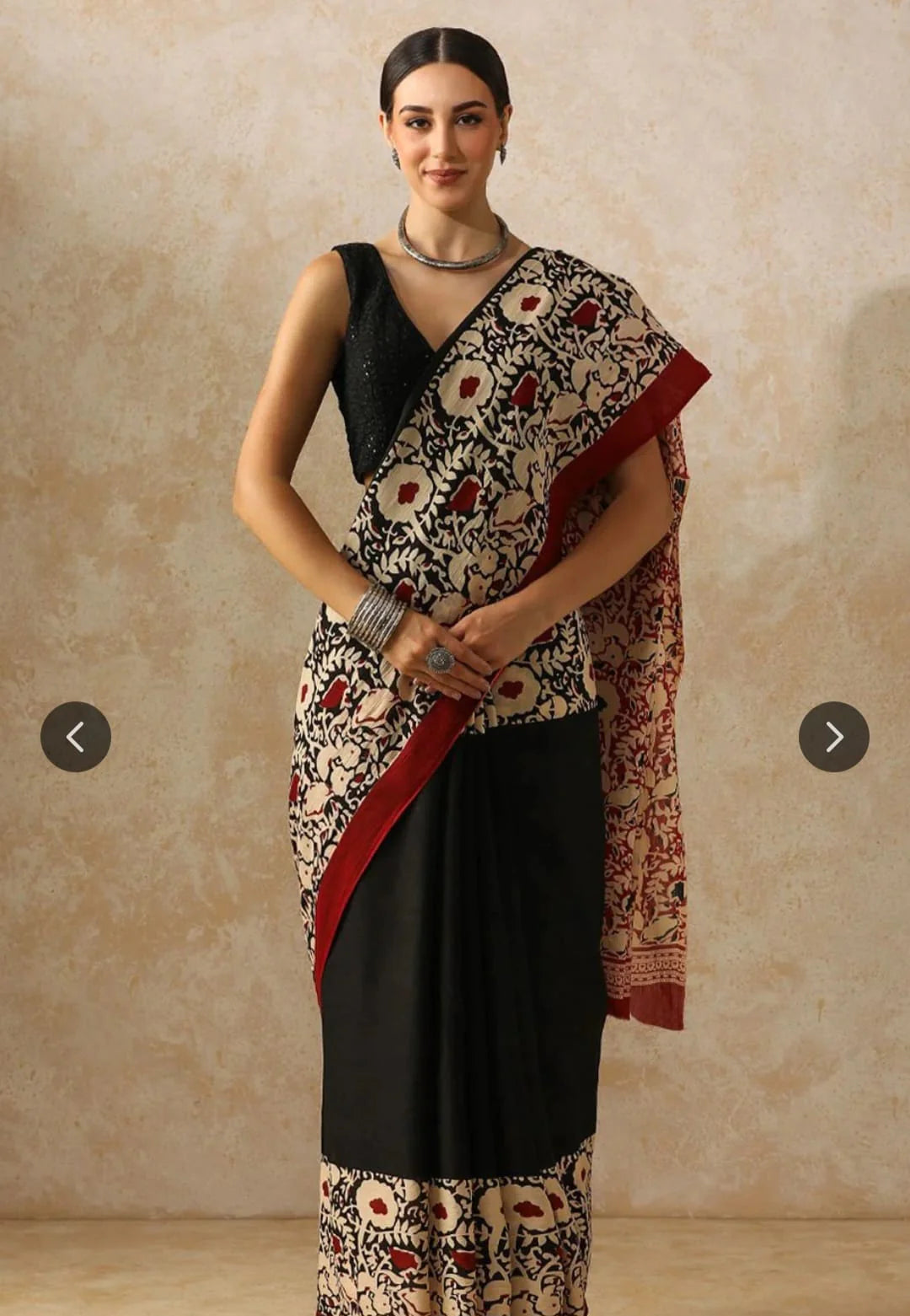Pure Mul Cotton Hand Block Printed Black Saree with Kalamkari Floral Design