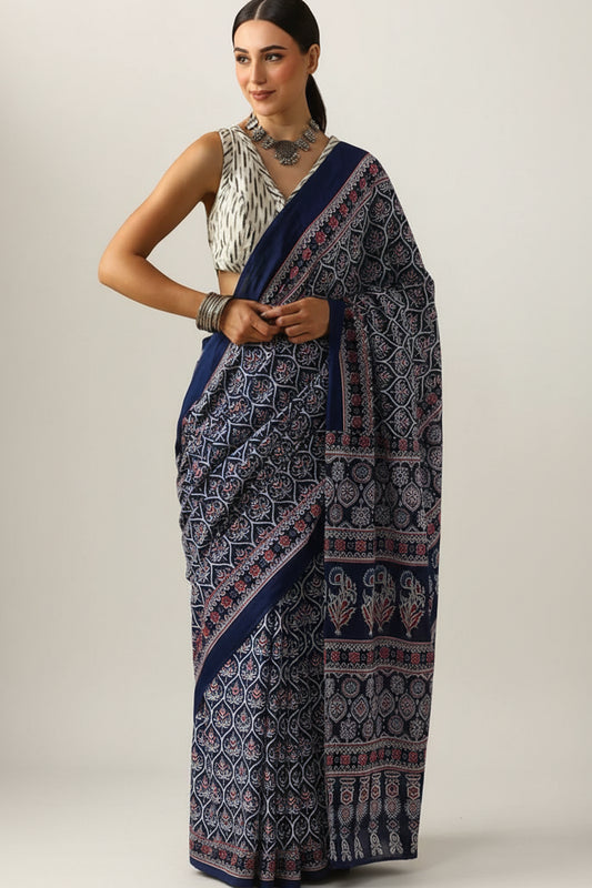 Pure Mul Cotton Hand Block Printed Indigo Saree