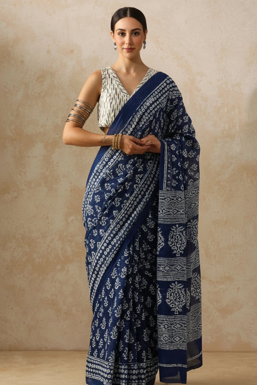 Pure Mul Cotton Hand Block Printed Navy Blue Saree with Buti Design