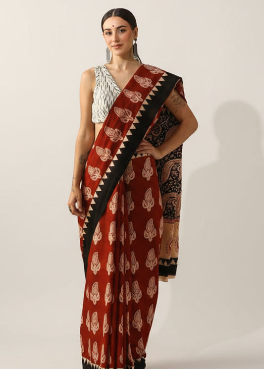 Pure Mul Cotton Hand Block Printed Black Saree with Kalamkari Floral and Maroon Border
