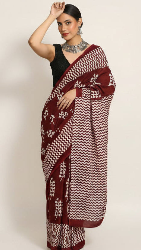 Pure Mul Cotton Hand Block Printed Maroon Saree with Chevron Pattern