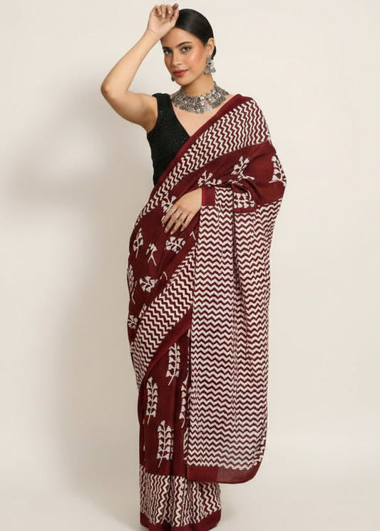 Pure Mul Cotton Hand Block Printed Maroon Saree with Chevron Pattern
