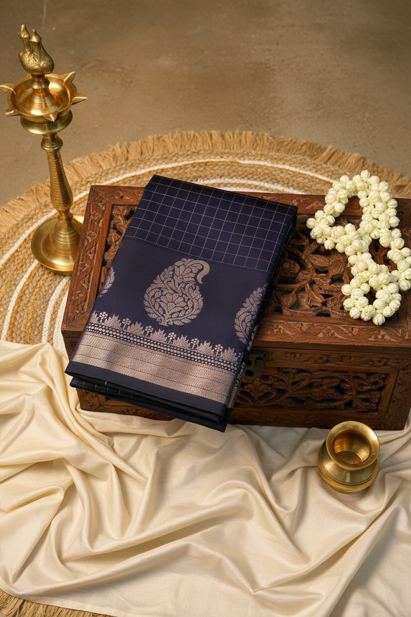 Navy Blue Silk Saree – Traditional Aesthetic